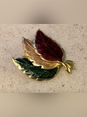 Vintage Leaf Trio Brooch - Green, Burgundy, Gold